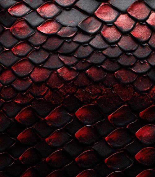 Red and black exotic snake skin pattern or dragon scale texture as a wallpaper. AI generated image